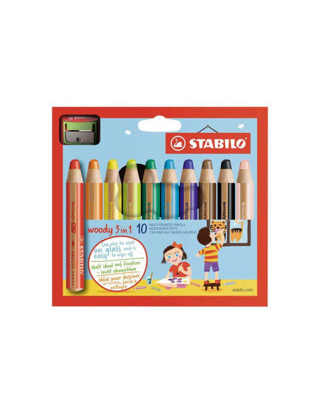 LAPICES de COLORES STABILO WOODY 3 EN 1 DUO SURTIDO ESTUCHE de 10  AFILALAPIZ