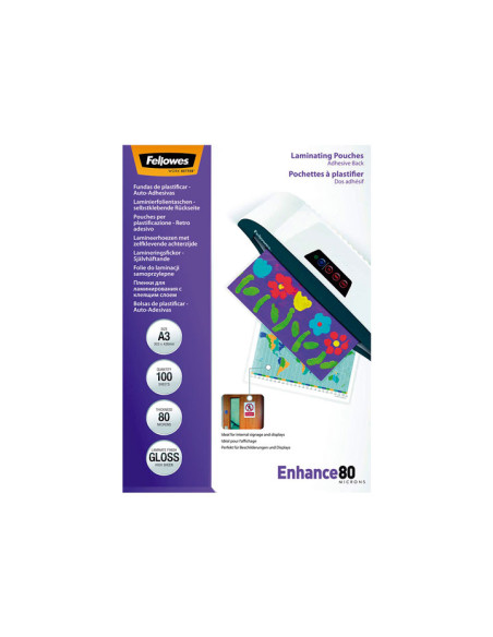 PACK 100 FUNDAS DE PLASTIFICAR FELLOWES ADHESIVAS 80 MICRAS A3