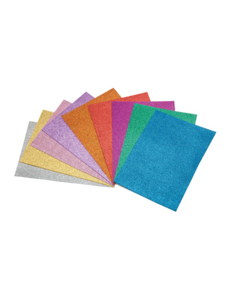 GOMA EVA  FAIBO PURPURINA HOJA 40x60 BOLSA de 5 ORO-PLATA-VERDE-AZUL-ROJO