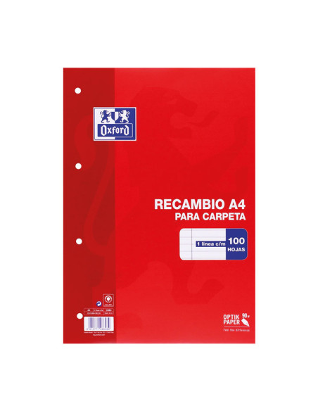 OXFORD RECAMBIO CLASSIC 100H A4 SUELTAS 1 LÍNEA CMARGEN 4 TALADROS ROJO