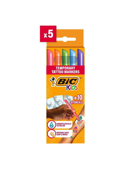 ROTULADOR FIBRA BIC KIDS TEMPORARY TATTO CAJA de 5 INCLUYE 10 PLANTILLAS