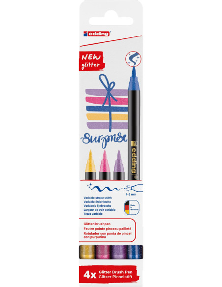 ROTULADOR FIBRA EDDING 1340 BRUSHPEN GLITTER SURTIDO ESTUCHE DE 4