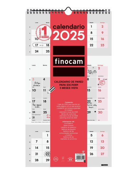 FINOCAM CALENDARIO DE PARED PARA ESCRIBIR 3 MESES VISTA M-236X430MM NEUTRO 2025
