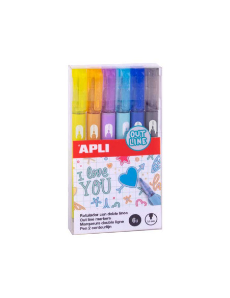 ROTULADOR FIBRA APLI COLORES METALICOS OUTLINER DOBLE LINEA ESTUCHE de 6 SURTIDO