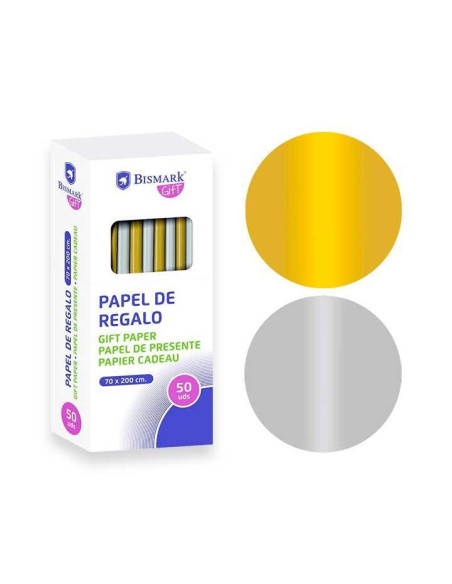 CAJA 50 ROLLOS PAPEL DE REGALO ORO/PLATA 2m