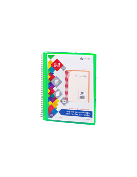 CARPETA FUNDAS TARIFARIO CARCHIVO REMOVE ESPIRAL PP A4 CANGURO con GOMA 20 F EXTRAIBLES VERDE
