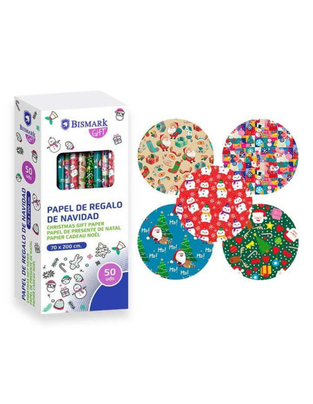 CAJA 50 ROLLOS PAPEL DE REGALO NAVIDAD COLORS 2m