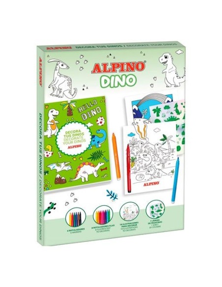 ALPINO SET CREATIVO DECOR DINO 14 ROTULADORES  18 ILUSTRACIONES  PEGATINAS