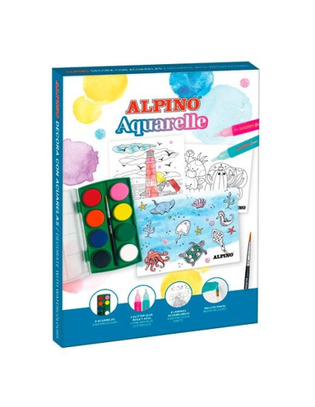 ALPINO SET CREATIVO DECOR AQUARELLE 6 ACUARELAS  8 LÁMINAS  2 GLITTER GLUE