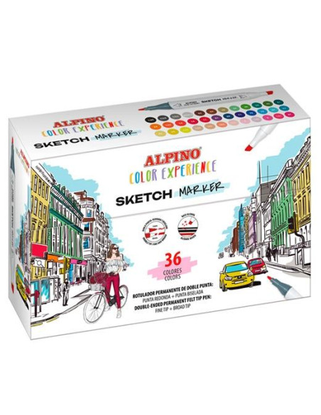 ALPINO ROTULADORES SKETCH MARKER COLOR EXPERIENCE DOBLE PUNTA COLORES SURTIDOS ESTUCHE 36 UD
