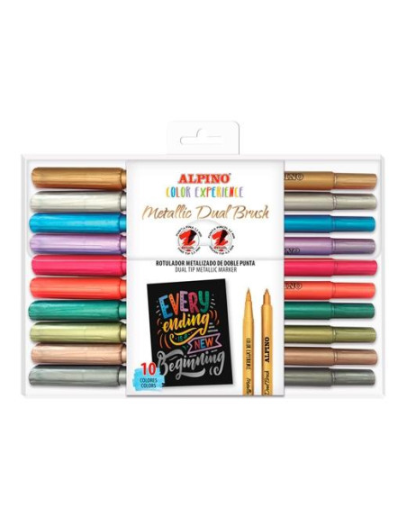 ALPINO ROTULADORES COLOR EXPERIENCE METALLIC DUAL BRUSH DOBLE PUNTA CSURTIDOS ESTUCHE 10 UD