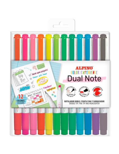ALPINO ROTULADORES DUAL NOTE PUNTA FINA Y PUNTA BISELADA CSURTIDOS ESTUCHE 12 UD