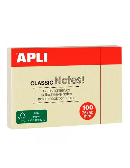 APLI BLOC NOTAS ADHESIVAS CLASSIC REPOSICIONABLES 100H 75X50 AMARILLO PACK 12 UD