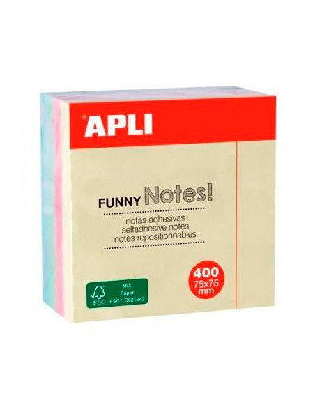 APLI CUBO DE NOTAS ADHESIVAS FUNNY 75X75MM CUBO DE 400H COLORES SURTIDOS PASTEL
