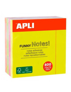APLI CUBO DE NOTAS ADHESIVAS FUNNY 75X75MM CUBO DE 400H COLORES FLUORESCENTES SURTIDOS