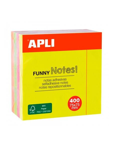 APLI CUBO DE NOTAS ADHESIVAS FUNNY 75X75MM CUBO DE 400H COLORES FLUORESCENTES SURTIDOS
