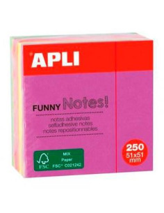 APLI CUBO DE NOTAS ADHESIVAS FUNNY 51X51MM MINI-CUBO 250H COLORES FLUORESCENTES SURTIDOS