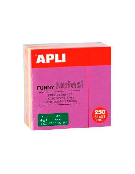 APLI CUBO DE NOTAS ADHESIVAS FUNNY 51X51MM MINI-CUBO 250H COLORES FLUORESCENTES SURTIDOS