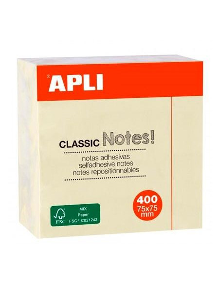 APLI NOTAS ADHESIVAS CLASSIC 75X75MM CUBO DE 400H AMARILLO