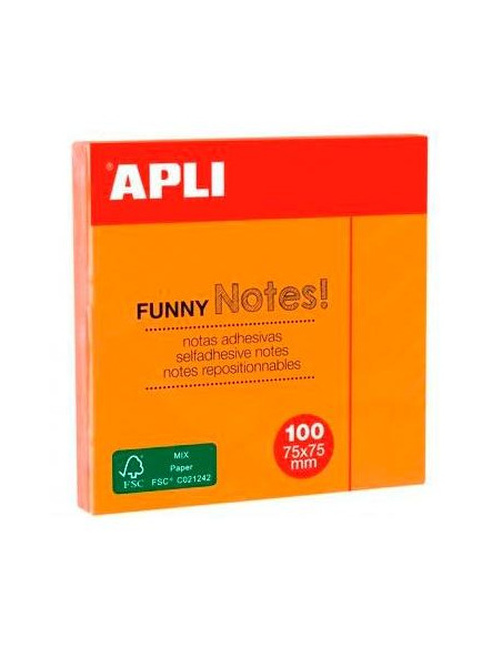 APLI BLOC NOTAS ADHESIVAS FUNNY REPOSICIONABLES 100H 75X75 NARANJA FLUORESCENTE PACK 12 UD