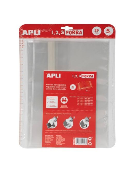 APLI FORRO DE LIBROS CON SOLAPA AJUSTABLE 290MM PP 75 MICRAS BLÍSTER 5 UD