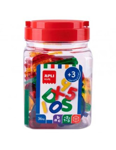 APLI KIT LETRAS Y NÚMEROS 50MM PLÁSTICO TRANSPARENTE COLORES SURTIDOS BOTE 36 UD