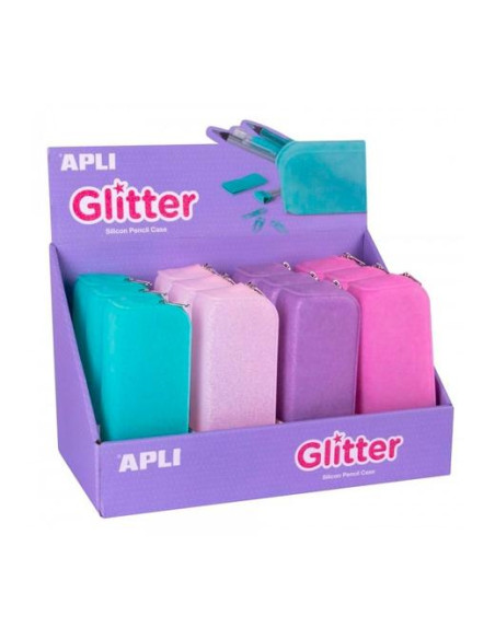APLI ESTUCHE PORTATODO DE SILICONA SOFT GLITTER COLORES SURTIDOS -EXPOSITOR 12U-