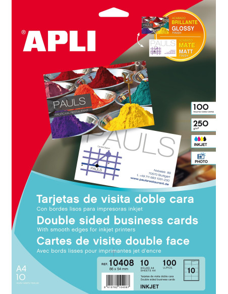 APLI TARJETAS VISITA DOBLE CARA BLANCO PARA INKJET LÁSER Y FOTOCOPIADORAS  210 X 297MM  MICROPERFORADO 250GR 10 HOJAS
