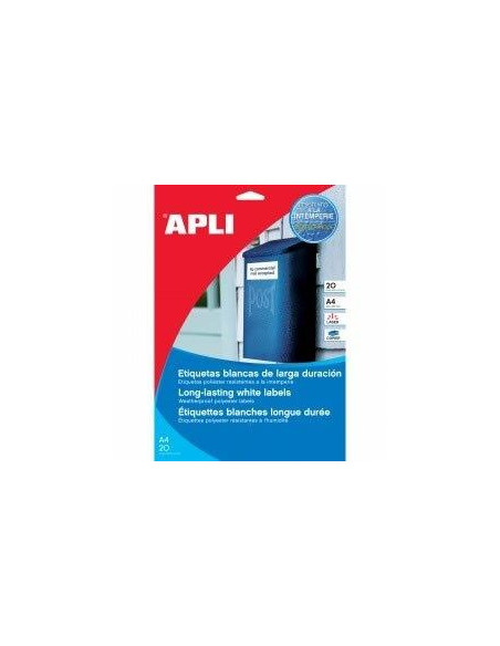 APLI ETIQUETAS ADHESIVAS RESISTENTES INTEMPERIE 210X297MM LÁSER CRECTOS 1 X 100H POLIÉSTER BLANCO