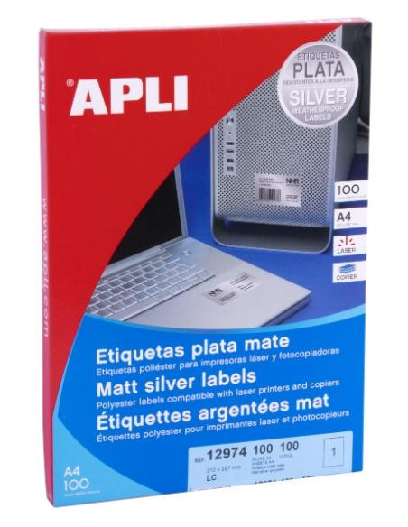 APLI ETIQUETAS ADHESIVAS METALIZADAS 2100X2970MM LÁSER CRECTOS 1 X 100H PLATA