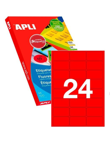 APLI ETIQUETAS ADHESIVAS 64X339MM LÁSER CROMOS 24 X 100H ROJO FLUORESCENTE