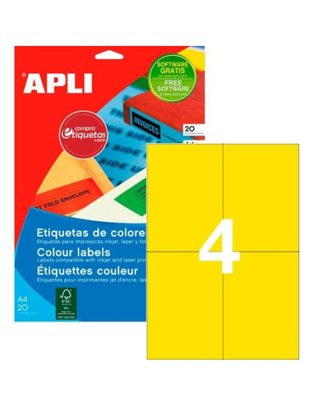 APLI ETIQUETAS ADHESIVAS 105X148MM INKJETLÁSER CRECTOS 4 X 20H AMARILLO