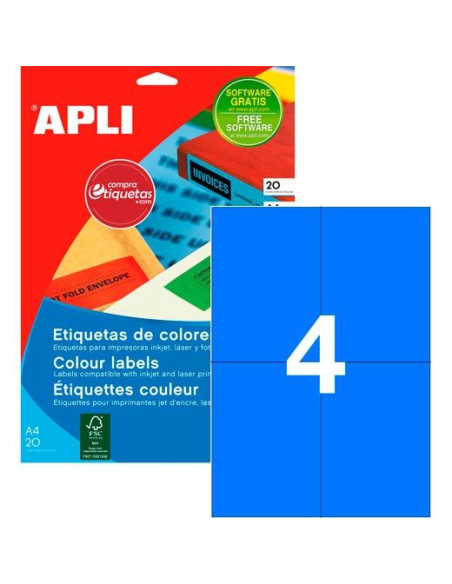APLI ETIQUETAS ADHESIVAS 105X148MM INKJETLÁSER CRECTOS 4 X 20H AZUL