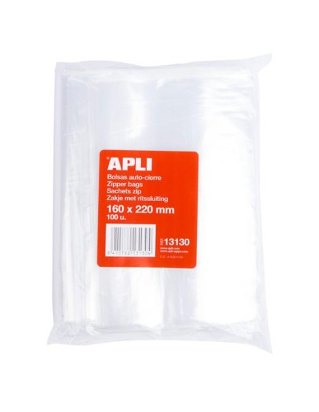 APLI BOLSAS AUTOCIERRE 160X220MM LDPE TRANSPARENTE PACK 100 UD