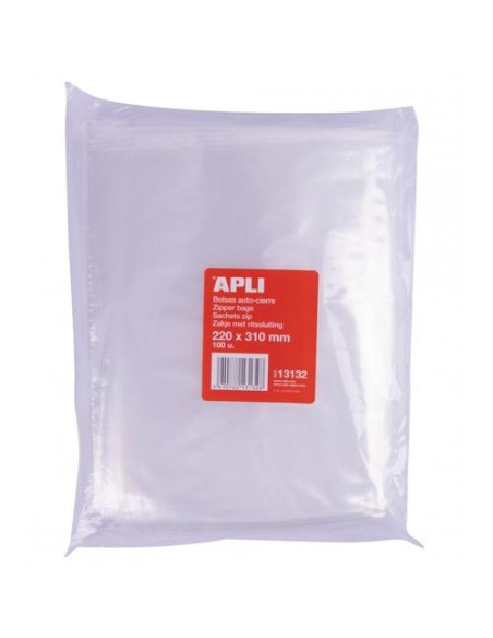 APLI BOLSAS AUTOCIERRE 220X310MM LDPE TRANSPARENTE PACK 100 UD