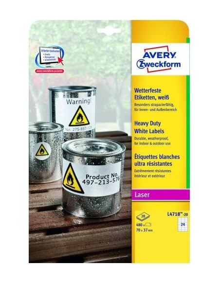 AVERY ETIQUETAS ADHESIVAS EXTRA RESISTENTES 70X37MM LÁSER 24 X 20H POLIÉSTER BLANCO