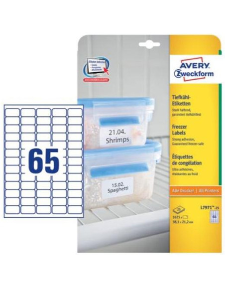ETIQUETAS ADHIMPRAVERY A4 BLANCA ESPECIAL CONGELADOR CROMOS CAJA 25h 381x211 mm 1625 udsL7971