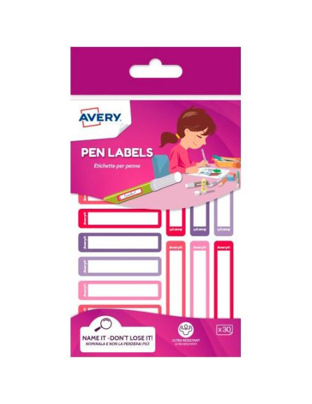 ETIQUETA ESCOLAR AVERY BOLIGRAFOS 50x10 ROSAVIOLETA BLISTER de 30