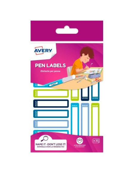 ETIQUETA ESCOLAR AVERY BOLIGRAFOS 50x10 AZULVERDE BLISTER de 30