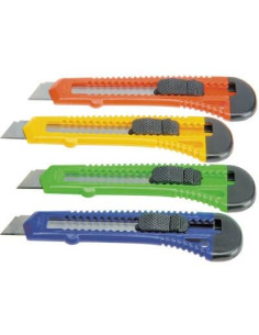 BAT CUTTER ANCHO  CUCHILLA FRACTURABLE DE 18 MM  SISTEMA BLOQUEO CUCHILLA INTERCAMBIABLE BLISTER COLORES SURTIDOS