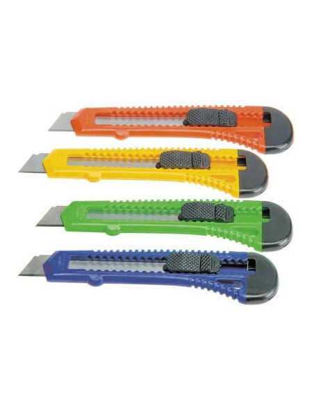 BAT CUTTER ANCHO  CUCHILLA FRACTURABLE DE 18 MM  SISTEMA BLOQUEO CUCHILLA INTERCAMBIABLE BLISTER COLORES SURTIDOS
