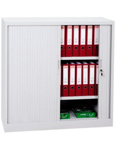 ARMARIO METÁLICO DOS PUERTAS PERSIANA CORREDERAS 105X102X45 CM ANCHO X FONDO X ALTO INCLUYE 2 BALDAS ACABADO EN GRIS MONTADO