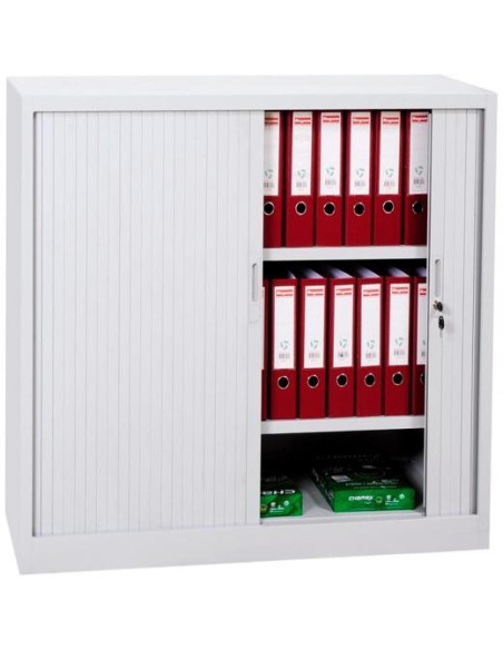 ARMARIO METÁLICO DOS PUERTAS PERSIANA CORREDERAS 105X102X45 CM ANCHO X FONDO X ALTO INCLUYE 2 BALDAS ACABADO EN GRIS MONTADO