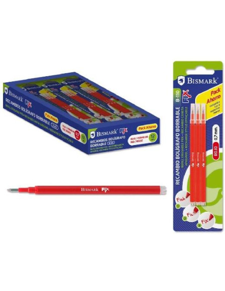 BISMARK RECAMBIO BOLÍGRAFO DE TINTA BORRABLE BLÍSTER DE 3 ROJO