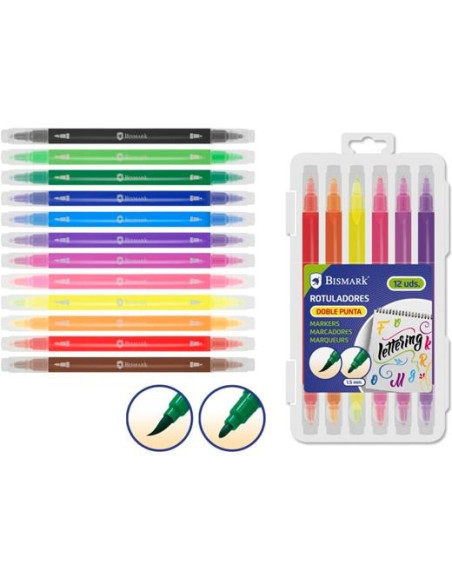 BISMARK ROTULADORES LETTERING DOBLE PUNTA MEDIAPINCEL CSURTIDOS ESTUCHE 12 UD