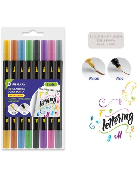 BISMARK ROTULADORES LETTERING DOBLE PUNTA FINAPINCEL CSURTIDOS METALIZADOS ESTUCHE 8 UD