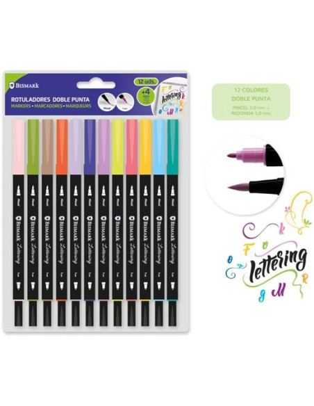 BISMARK ROTULADORES LETTERING DOBLE PUNTA FINAPINCEL CSURTIDOS ESTUCHE 12 UD