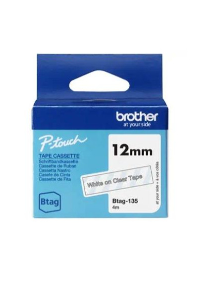 BROTHER CINTA DOMÉSTICA BTAG BLANCO SOBRE TRANSPARENTE - PTN10 PTN20 PTN25BT - 12MM X 4M