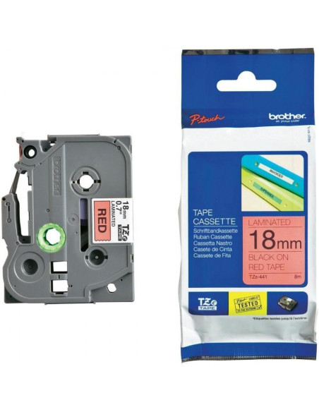 CINTA de ROTULAR BROTHER LAMINADA 8m 18mm NEGRO sobre ROJO