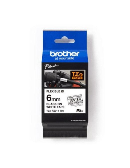 CINTA de ROTULAR BROTHER LAMINADA FLEXIBLE 8m  6mm NEGRO sobre BLANCO